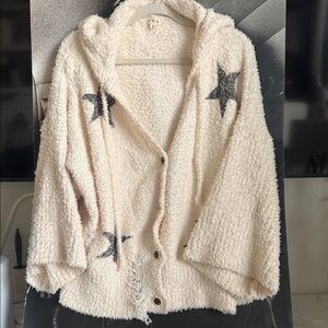 POL Cream Textured Cardigan Shredded Hooded SOFT